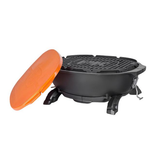 PK Grills PKGO Hibachi, portable black grill with a removable orange lid and adjustable legs for outdoor cooking.
