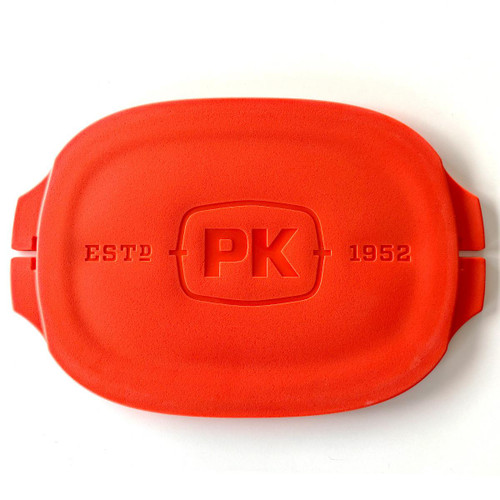 PK Grills PKGO Locking Cutting Board Cover, bright orange silicone cover with embossed PK logo and 'ESTD 1952' text.