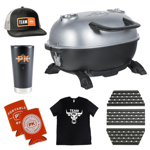 PK Grills PKGO ProKit Bundle, portable grill with accessories including a black cap with TEAM PK logo, insulated tumbler, custom grill gloves, T-shirt with TEAM PK logo, multiple grill mats, and a compact portable grill