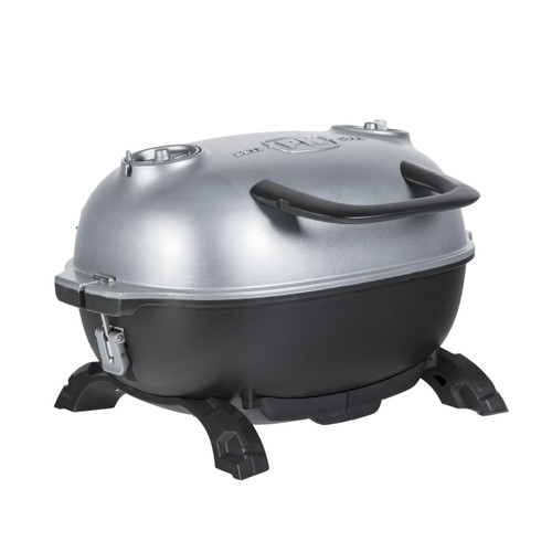 PK Grills PKGO w/ FlipKit, portable outdoor propane grill with silver and black design and lid handle.
