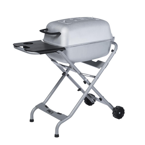 PK Grills PKTX Folding Stand, portable folding grill stand with black side tray and metal wheels for easy mobility.