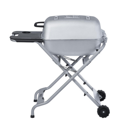 PK Grills PKTX Folding Stand, portable folding grill stand with adjustable height and black wheels for easy transportation.