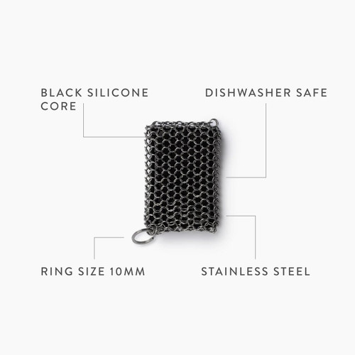 PK Grills Stainless Steel Cleaning Mesh Scrubber, heavy-duty stainless steel scrubber with black silicone core for durable cleaning.