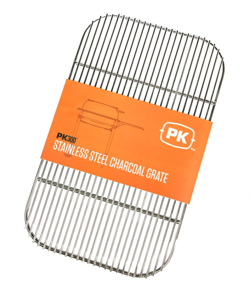PK Grills Stainless Steel Cooking Grid & Charcoal Grate for PK300 and PK300AF, stainless steel cooking grid and charcoal grate with orange label.