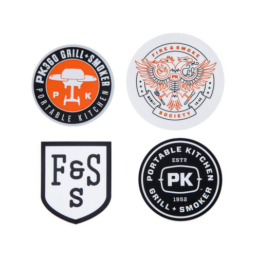 PK Grills Sticker Bundle, collection of four barbecue and grill-themed stickers with various designs and logos.