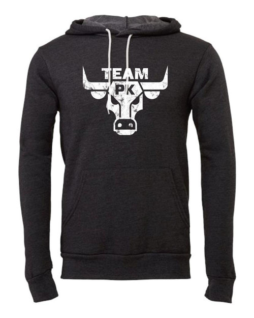 PK Grills Team PK Sweatshirt, black hoodie with white graphic of a bull's head and the text 'TEAM PK' on the front.
