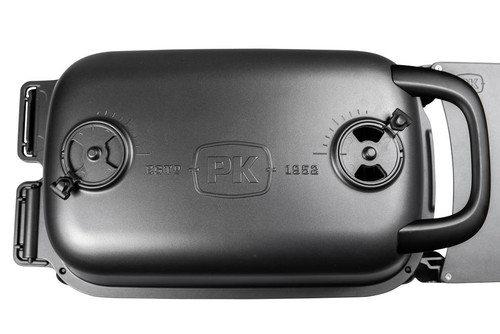 PK Grills The All New Original PK300 Grill & Smoker - Graphite, top view of the black portable grill with control dials and handle.