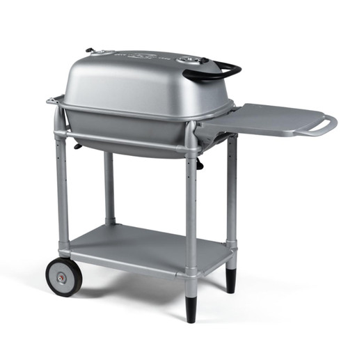 PK Grills The All New Original PK300 Grill & Smoker - PK Classic Silver, silver portable outdoor grill with smoker functionality, side shelf, and wheels for easy mobility.