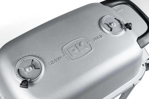 PK Grills The All New Original PK300 Grill & Smoker - PK Classic Silver, close-up of the silver portable grill with control knobs and secure handles.