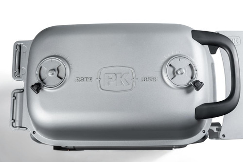 PK Grills The All New Original PK300 Grill & Smoker - PK Classic Silver, top view of the silver portable grill with dual control vents and a black handle.