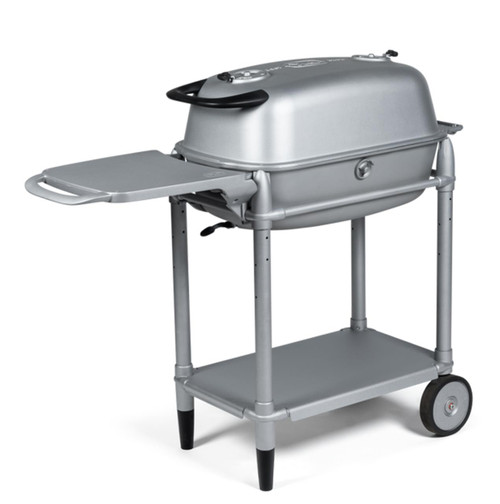 PK Grills The All New Original PK300 Grill & Smoker - PK Classic Silver, a silver-colored portable grill and smoker with a built-in lid, side table, and wheels for mobility.