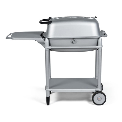 PK Grills The All New Original PK300 Grill & Smoker - PK Classic Silver, a compact and portable silver grill and smoker with a built-in lid, side shelf, and wheels for easy mobility.