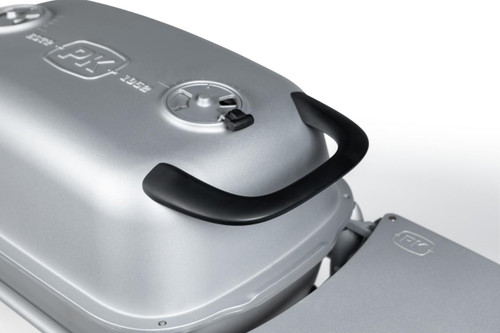 PK Grills The All New Original PK300 Grill & Smoker - PK Classic Silver, close-up of the silver grill and smoker with black handle and control knob.