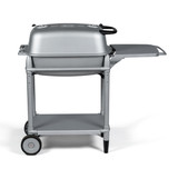 PK Grills The All New Original PK300 Grill & Smoker - PK Classic Silver, side view of the portable silver grill and smoker with wheels and a side shelf.