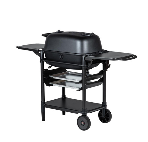PK Grills The All New Original PK300AF Grill & Smoker - Coal, black portable grill and smoker with side shelves and storage trays, featuring wheels for mobility.