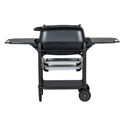 PK Grills The All New Original PK300AF Grill & Smoker - Coal, black outdoor grill with a compact design, side shelves, and wheels for mobility.