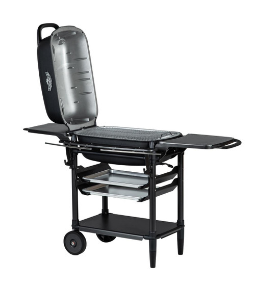 PK Grills The All New Original PK300AF Grill & Smoker - Coal, modern black and silver colored outdoor grill with cooking grate and side shelves.