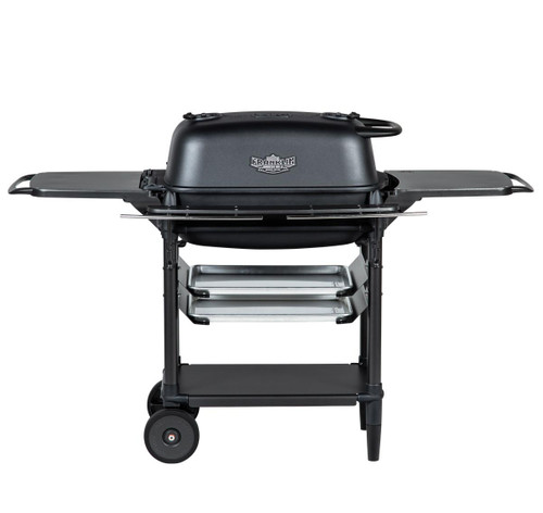 PK Grills The All New Original PK300AF Grill & Smoker - Coal, black portable outdoor grill and smoker with side shelves, sturdy frame, and wheels for mobility.