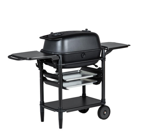 PK Grills The All New Original PK300AF Grill & Smoker - Coal, a portable black charcoal grill with side tables, metal trays for cooking, and a bottom shelf for storage.