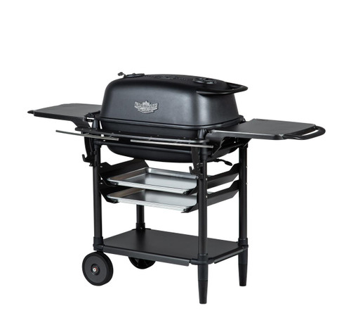 PK Grills The All New Original PK300AF Grill & Smoker - Coal, a black outdoor grill with side tables, metal trays, and wheels for mobility.