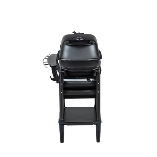 PK Grills The All New Original PK300AF Grill & Smoker - Coal, front view of a black portable grill and smoker with a sleek design, multiple control dials, and a sturdy stand for outdoor cooking.