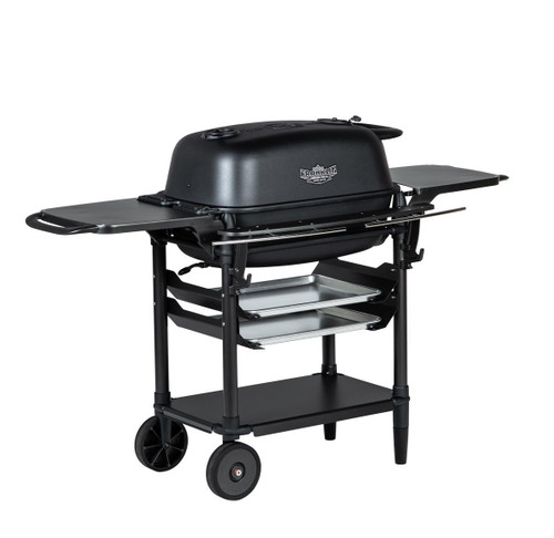 PK Grills The All New Original PK300AF Grill & Smoker - Coal, black outdoor grill with a closed lid, side trays, and wheels for mobility.