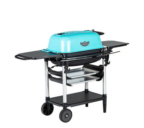 PK Grills The All New Original PK300AF Grill & Smoker - Teal, a portable grill and smoker with a teal-colored lid, side tables, and a black stand with wheels for mobility.