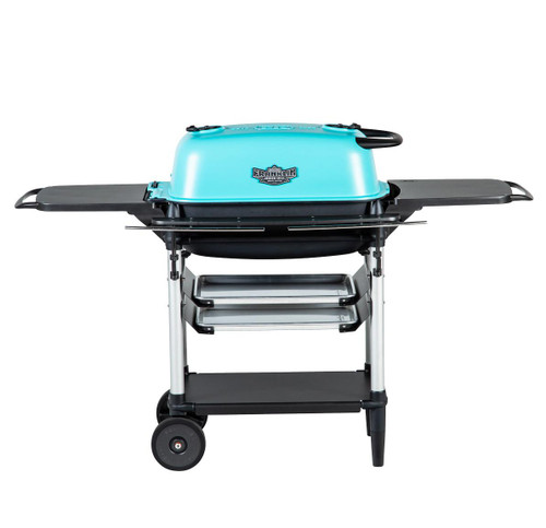 PK Grills The All New Original PK300AF Grill & Smoker - Teal, front view of the teal portable barbecue grill with side tables and a black base, suitable for outdoor grilling and smoking.