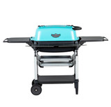 PK Grills The All New Original PK300AF Grill & Smoker - Teal, front view of the teal portable barbecue grill with side tables and a black base, suitable for outdoor grilling and smoking.