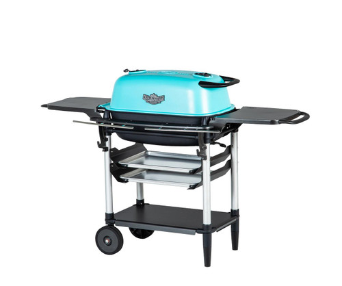 PK Grills The All New Original PK300AF Grill & Smoker - Teal, front view of the teal-colored portable grill with side shelves, wheels, and metal trays for grilling and smoking.
