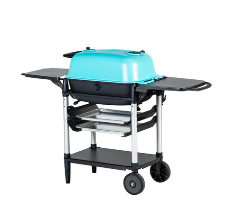 PK Grills The All New Original PK300AF Grill & Smoker - Teal, a compact teal-colored grill with side trays and a black base, designed for outdoor cooking and smoking.
