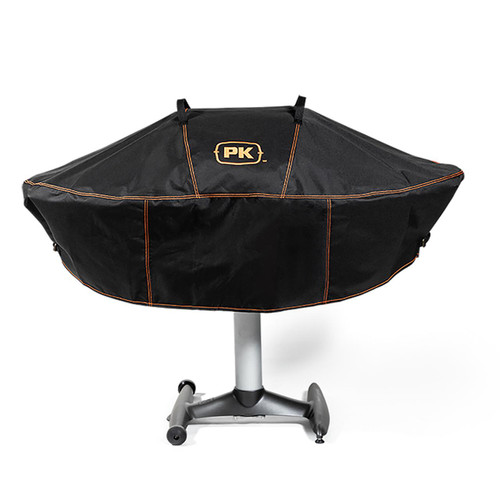 PK Grills The All New PK360 Slim Cover, black protective cover with orange stitching and PK logo, designed for the PK360 grill on a gray stand.