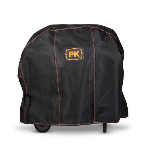 PK Grills The NEW PK300 Slim Cover, black grill cover with orange stitching and logo, designed to protect and cover the PK300 Slim grill.