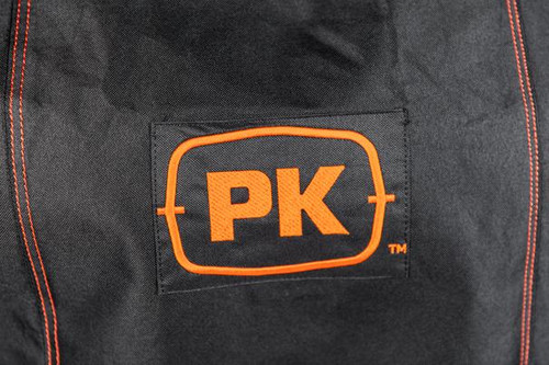 PK Grills The NEW PK300 Slim Cover, close-up of the black grill cover with orange PK logo patch.