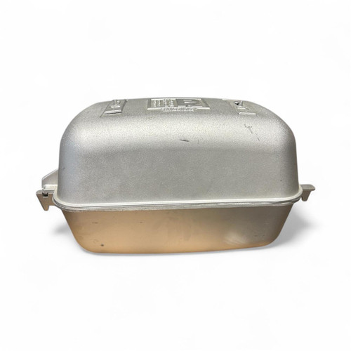 PK Grills The Original PKTX Grill & Smoker - Classic Silver (Imperfect), front view of the silver portable grill and smoker with a rounded rectangular shape and metal handles.