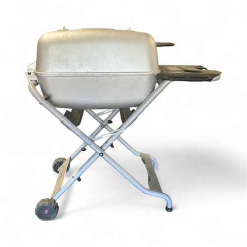PK Grills The Original PKTX Grill & Smoker - Classic Silver (Imperfect), portable silver grill and smoker with a foldable stand and wheels for easy transportation.