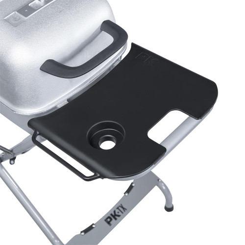 PK Grills The Original PKTX Grill & Smoker - Classic Silver, compact portable grill with black cutting board surface and built-in cup holder, on a silver metal stand.