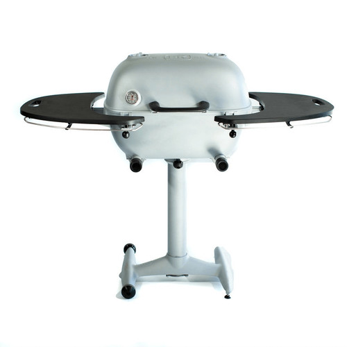 PK Grills The PK360 Grill & Smoker, classic silver grill and smoker with side shelves and temperature gauge.