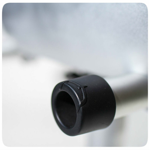 PK Grills The PK360 Grill & Smoker - Classic Silver, close-up of the black handle on the silver body of the barbecue grill and smoker.