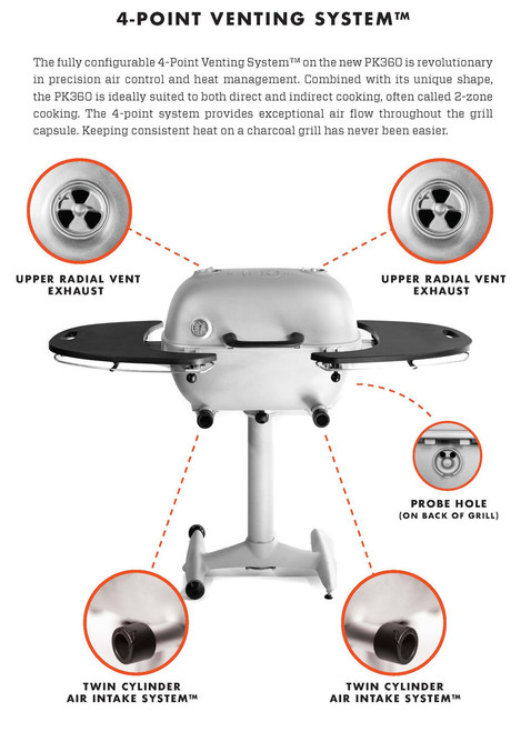 PK Grills The PK360 Grill & Smoker - Classic Silver, front view of the silver charcoal grill with black side tables and adjustable twin cylinder air intake system.