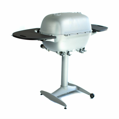 PK Grills The PK360 Grill & Smoker - Classic Silver, portable outdoor grill with side tables and a stand for grilling and smoking food.