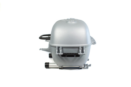 PK Grills The PK360 Grill & Smoker - Classic Silver, front view of the portable silver ceramic charcoal grill and smoker with black handles and sturdy base.