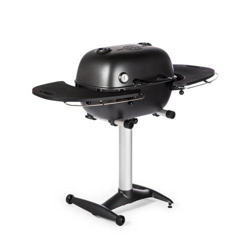 PK Grills The PK360 Grill & Smoker - Graphite, black portable kettle-style grill with side shelves and a temperature gauge, standing on a silver and black stand.