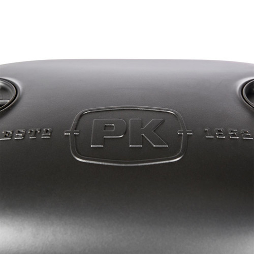 PK Grills The PK360 Grill & Smoker - Graphite, close-up of the embossed logo on the black, textured lid of the grill.