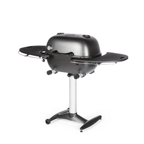 PK Grills The PK360 Grill & Smoker - Graphite, black portable outdoor barbecue with side shelves and a stand for grilling and smoking food.