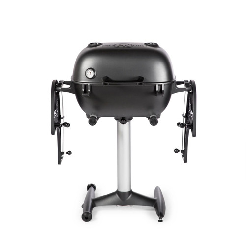 PK Grills The PK360 Grill & Smoker - Graphite, front view of the black portable grill and smoker with side vents and control temperature dial on a white background.