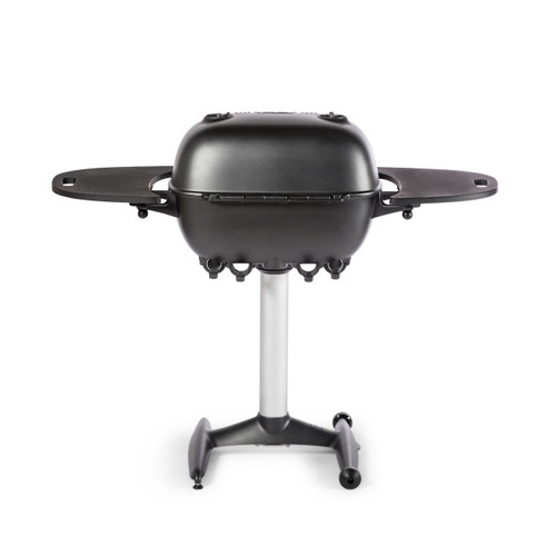PK Grills The PK360 Grill & Smoker - Graphite, a black portable outdoor grill and smoker with side shelves and sturdy stand, suitable for grilling and smoking food.