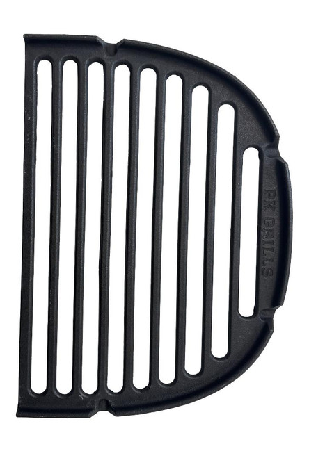 PK Grills The PKGO Half Cast Iron Cooking Grid, a black semi-circular cast iron grilling grate with long parallel bars for even heat distribution.