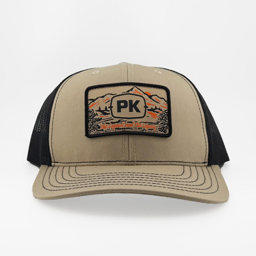 PK Legend Khaki Hat, stylish trucker hat with a beige front panel, black mesh sides, and embroidered mountain landscape patch on the front.