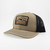 PK Legend Khaki Hat, trucker style cap with embroidered patch featuring mountains and sunset on the front, mesh back for ventilation, beige and black color combination.
